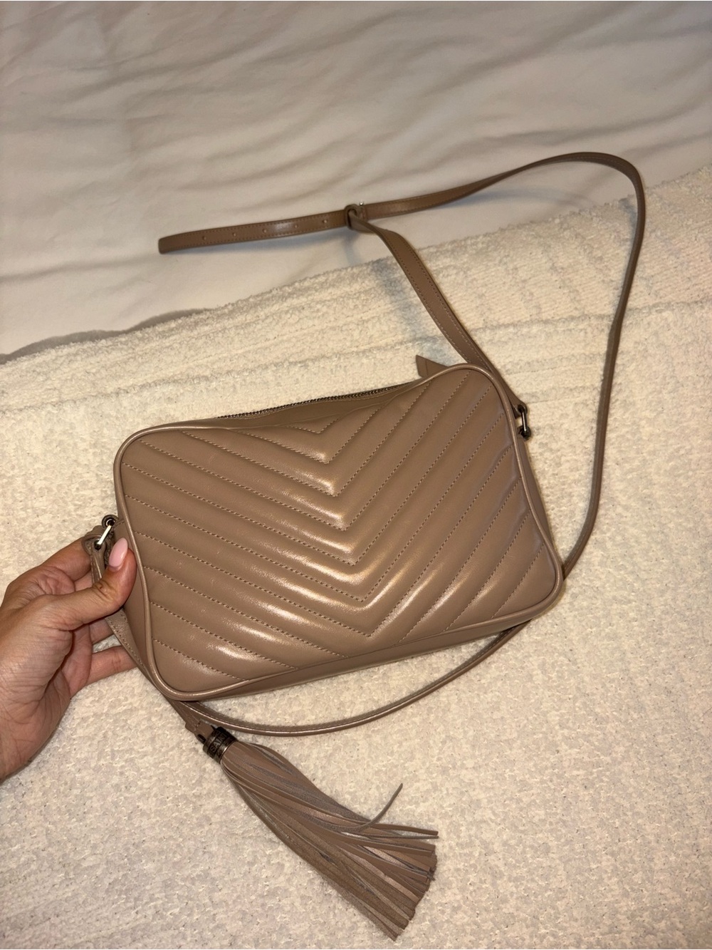 UPDATE: SOLD Saint Laurent Taupe Quilted Leather Crossbody Camera Bag w/ Tassel - Picture 2 of 5